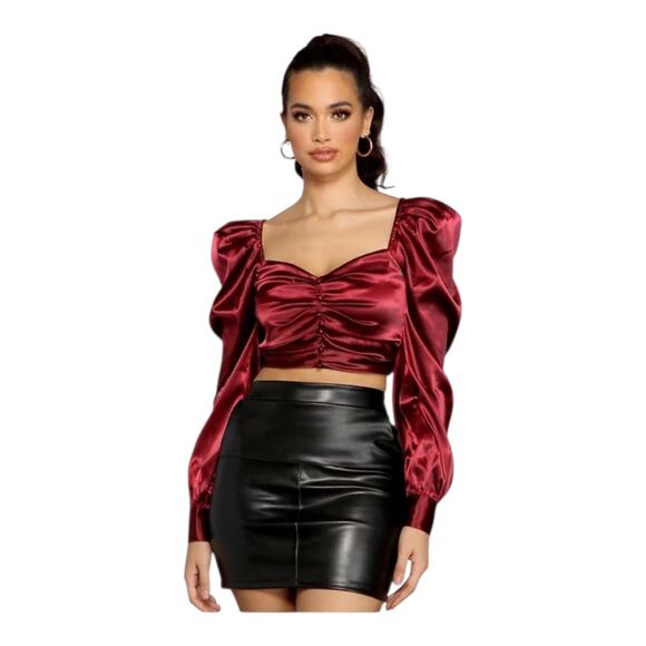 Windsor Women's size Small Falling For You Puff Sleeve Satin Romantic Crop Top - Picture 13 of 13